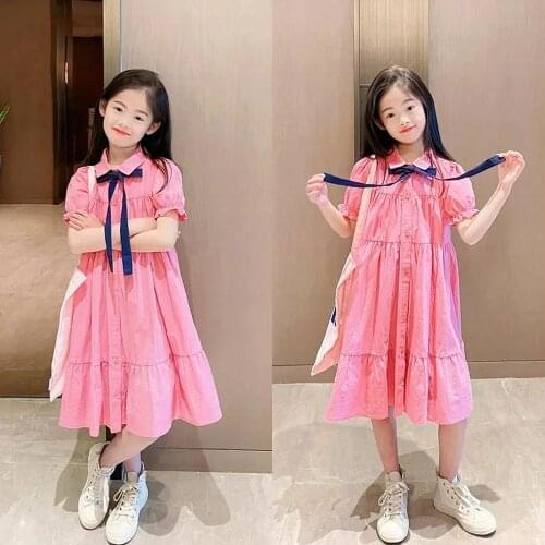 Summer Girls Dress Children Short Sleeve Bow Button Dresses For Girls Solid Loose Dress Girl Clothing 6-14Years Vetement Fille