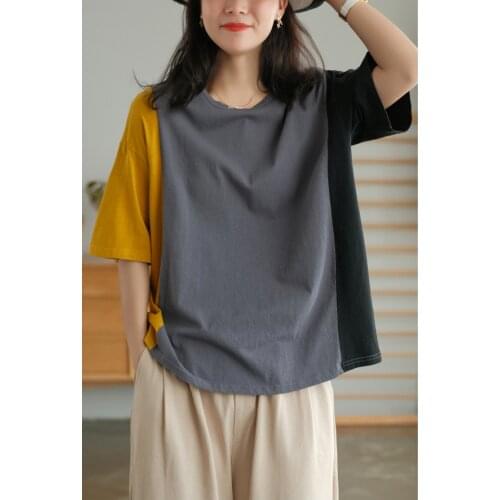 Summer Mori Girl Style Tshirts Women Color Spliced Loose O-Neck Collar Female Fashion Tees