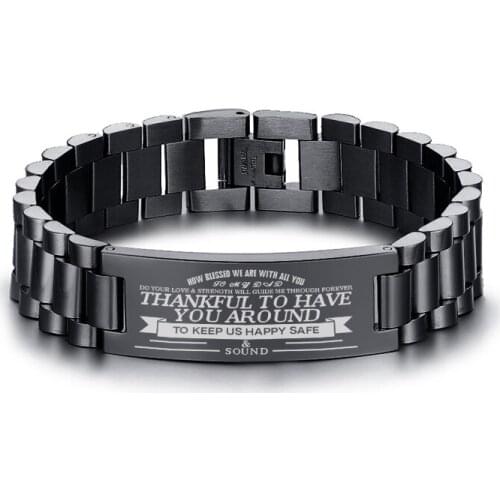 Fashion Custom Chain Bracelet Black Color Engraved Inspire Text Stainless steel Bar Band Wristband For Dad Men Jewelry