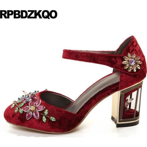 Bride Size 4 34 Flower Ladies Shoes For Wedding Wine Red Crystal Ankle Strap Sandals Block 3 Inch Luxury Women Handmade Vintage