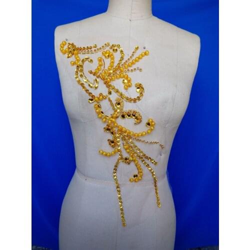 Zbroh New pure handmade rhinestones applique 42*25cm sew on golden crystals patches trim for dress DIY accessories