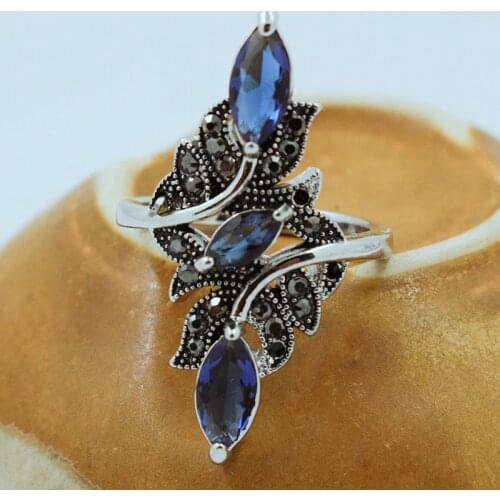 New Arrival Vintage Blue Rhinestone Branch Rings Women Antique Silver Color Hollow Crystal Big Ring Wedding Party Jewelry Gift