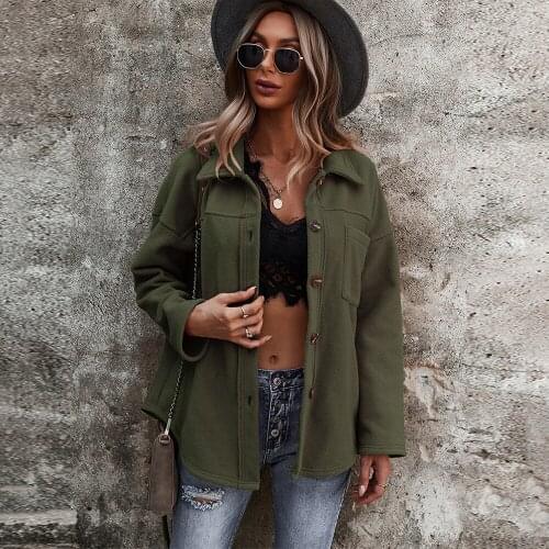 Winter Fashion Warm Fleece Coats Women Autumn Lapel Pocket Long Sleeve Faux Wool Button Thin Jackets 2021 Casual Loose Outerwear
