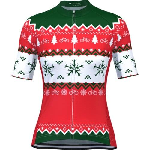 HIRBGOD Christmas New Women Short Sleeve Cycling Jersey Red and Green Breathable Bicycle Jersey Womens Cycling Shirt,TYZ076-02