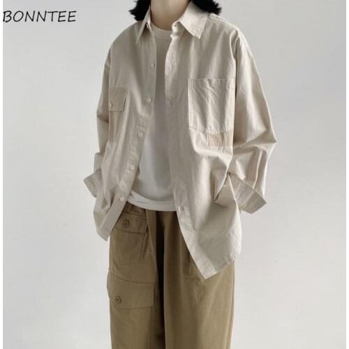Shirts Women Autumn New Japanese Vintage Pockets Long Sleeve Loose Ins Fashion All-match Students Tunic Unisex Patchwork Design