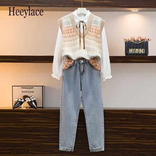 School Sweet Suits Korea Sleeveless Knitted Vest Sweater White Blouse High Waist Jeans Pant 3 Piece Casual Sets Women Outfits