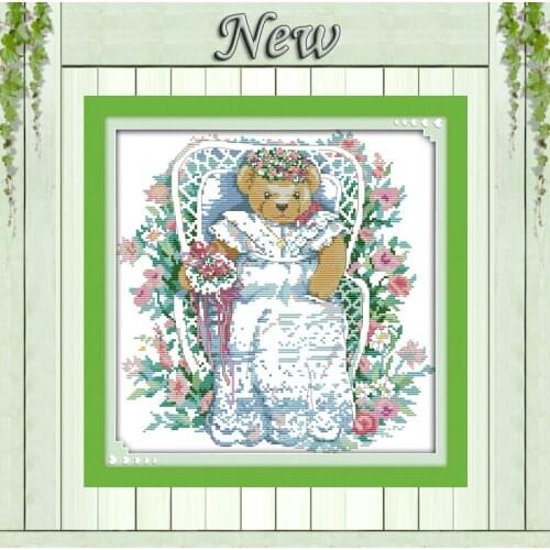 The bride in the garden flower bear painting counted Printed on canvas DMC 11CT 14CT Cross Stitch Needlework kits embroider Sets