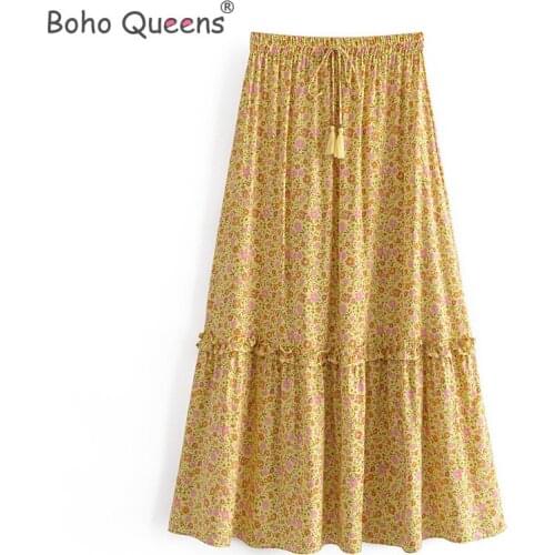 Boho Queens Hippie women floral print beach Bohemian skirt ladies High Elastic Waist A-Line rayon Boho Maxi Skirt