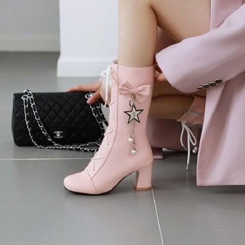 Autumn and winter new sweet beauty boots fashion 7CM high with Lolita foreign trade large size womens boots 34-43