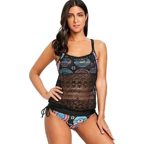 Womens Two Pieces Swimsuits Lace Floral Swimwear Tankini Top with Shorts Swimsuit Bathing Suit Sports Beachwear S~3XL