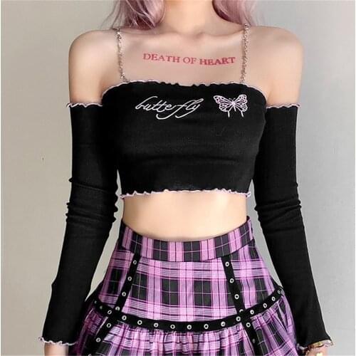 Women Slash Neck Off Shoulder Crop Tops Sweet Long Sleeve Letter Butterfly Embroidery T-Shirt With Chain Straps Spring Autumn