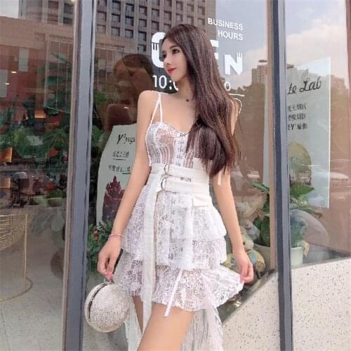 Summer Lace Dress Women Spaghetti Strap Irregular See Through Mini Dress Club Gothic Sexy Dress White Patchwork Runway 2020 A789