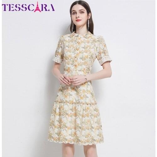 TESSCARA Women Summer Luxury Embroidery Cotton Dress Shirt High Quality Office Party Robe Femme Vintage Designer A-Line Vestidos