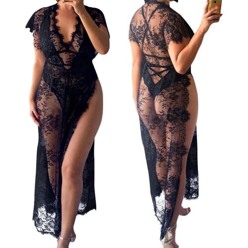 New Womens Sexy See-through V-neck Sexy Lace Dress Mesh Dress Sexy