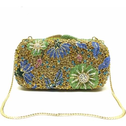 Gold Crystal Evening day Clutches Women With Rhinestones Bridal prom Purses Wedding blue Box Clutch Bag Handbags Shoulder Bag