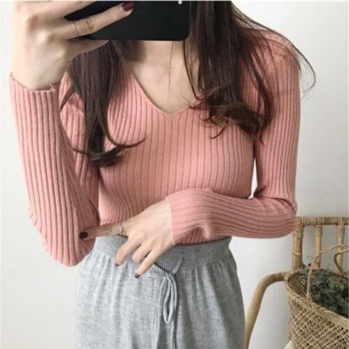 2020 New Sexy Deep V Neck Sweater Womens Pullover Casual Slim Bottoming Sweaters Female Elastic Cotton Long Sleeve Tops