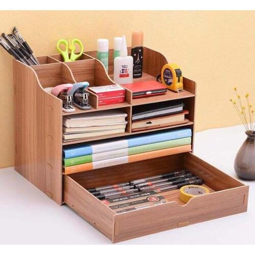 4 Tier Wooden Desktop Office Document Sorter Self Tray Holder A4 File Rack with Pen Holder Desk Organizer for Office School Home