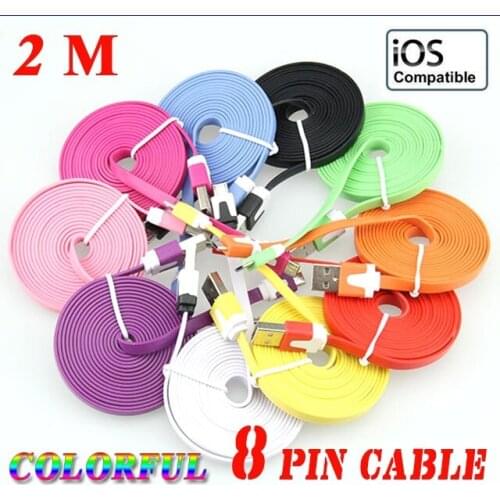 8pin 2M Noodle Flat USB Cable Data Sync Charger Adapter For iPhoneX 8Plus 8 7Plus 7 6sPlus 6s 6 ipod ios11/12 500pcs/lot