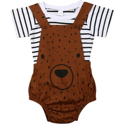 Children Clothes Newborn Boy Girl Cute Bear Sunsuit Stripe T-shirt Bib Pants Overalls Outfits Cotton O-neck Short Sleeve
