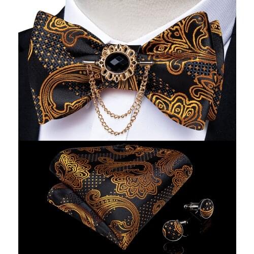 Bow Ties Self Tie Mens Fashion Gold Paisley Wedding Party Bowtie 100%Silk Men Butterfly Hanky Brooch Pin Cufflinks Set DiBanGu