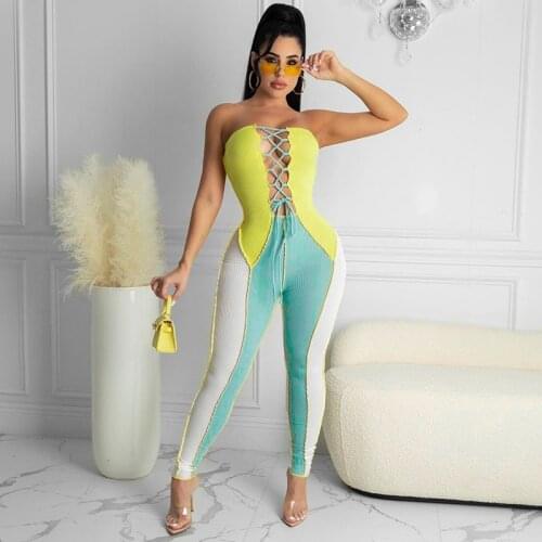 Chest Wrap Bandage Lace Up Strapless Patchwork Contrast Color Jumpsuit Ankle Banded Rib Pants Lady Street Club Romper K21JP200