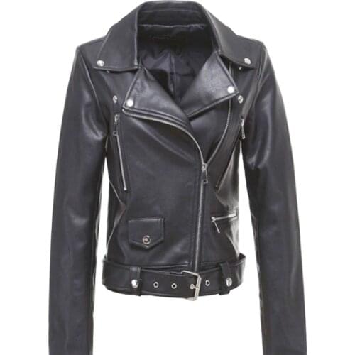 Fashion Women Autumn Winter Black Leather Jackets Zipper Basic Coat Turn-down Collar Biker Jacket Drop Shipping