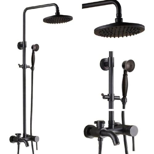 Black Oil Rubbed Brass Single Handle Bathroom 8 Inch Round Rain Shower Faucet Set Bath Tub Mixer Tap Hand Shower mrs341