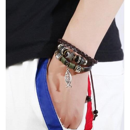 Fashion Vintage Handmade Beaded Star Pentagram Woven Leather Bracelet Mens Personality Alloy Fish Pendant Jewelry Accessories