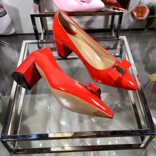 Genuine Leather Shoes Women High Heels Pumps Bow Tie Designer for Ladies Wedding Party ,Pointed Toe Square heel 5.5 cm