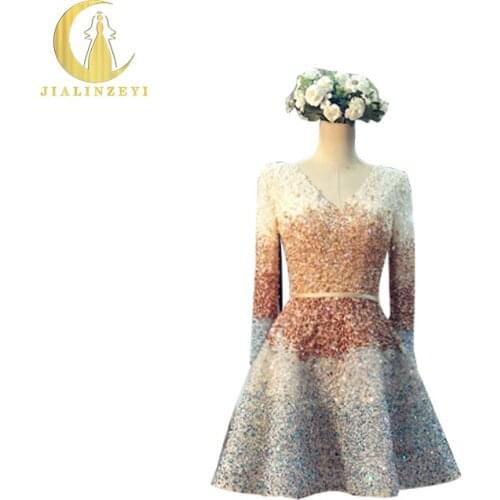 Rhine Real Sample Image Sexy Long Sleeves Full Beads Sequins Champagne Green knee Length Prom Dresses 2021