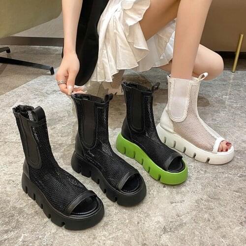 Sandals womens open-toed smoke tube boots 2021 summer new fashion fairy style mesh breathable student thick-soled short boots