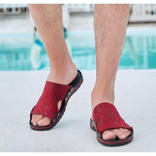 Size 38-47 Genuine Leather Men Slipper Summer House Shoes Casual Outdoor Beach Slides Black Flat Slippers Male Indoor Flip Flops