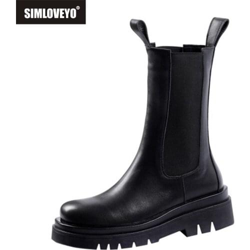 SIMLOVEYO Size 33-43 Fashion Genuine Leather Boots Women Thick Sole Chelsea British Style Winter Platform Ankle Knee High Bootie
