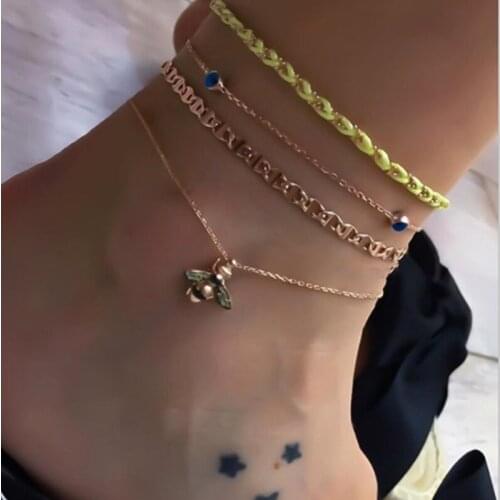 Tocona 4Pcs Colorful Braided Rope Beach Anklets Set Bohemian Women Jewellery Gold Bee Pendant Feet Chain on the Leg 8665