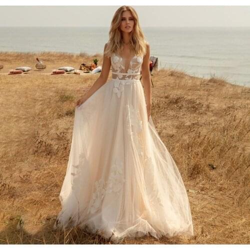 A-line V-neck Champagne Tulle Lace Applique Snow Tulle Wedding Dress Sweep Train Open Back Beach Bridal Dress