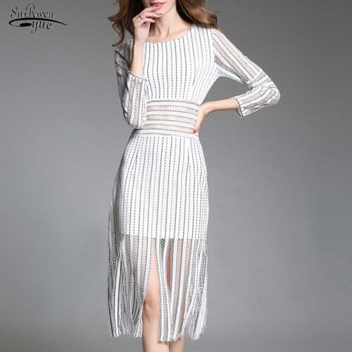 Spring Elegant Causal Fashion Hollow Out Dress Gentle Striped Long Sleeve Office Lady Bottoming Dress Tassel Lace Dresses 12841