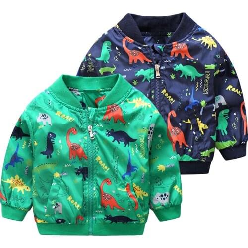 2020 Spring Autumn 2-10 Years Childrens Clothing Cartoon Dinosaur Print Zipper Outwear Baby Kids Boys Baseball Jacket & Coat