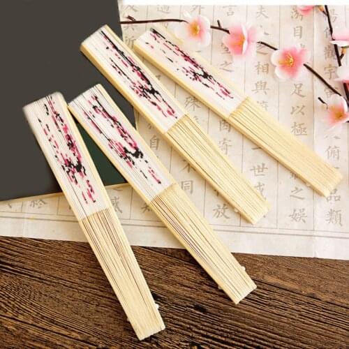 Hot Vintage Bamboo Folding Hand Held Plum Flower Fan Pattern Folding Dance Wedding Party Lace Silk Folding Hand Held Flower Fan