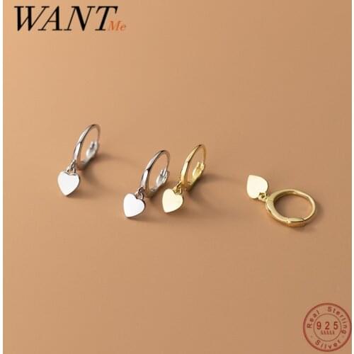 WANTME 925 Sterling Silver Minimalist Glossy Sweet Love Heart Pendant Earrings for Womne Fashion Couple Huggies Jewelry Gift