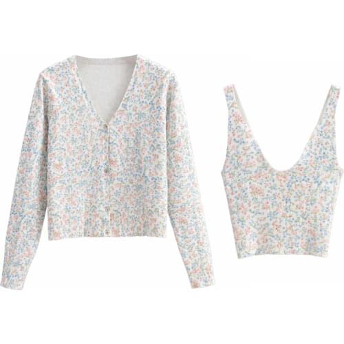 Za Women Fashion Floral Print Knitted Cardigan Vintage Long Sleeve Sweater And Knitted Chest Strap Top 2-piece Set XITIMEAO