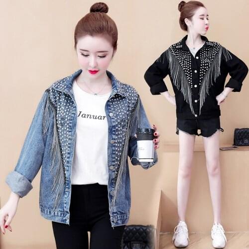 2021 Spring and Autumn New Heavy Industry Rivet Tassel Short Loose Jacket Korean Retro Denim Jacket Womens Top