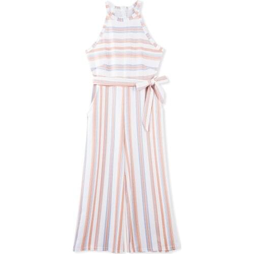 Neatie kiddie Spring Summer Women Khaki Stripe Wide Leg Jumpsuit Sleeveless Sexy High Waist Female Casual Sashes Romper Jumpsuit