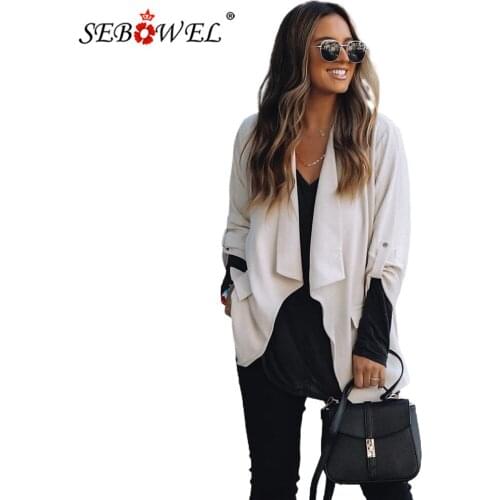 SEBOWEL Black/Beige 3/4 Sleeves Open Front Blazer Woman Elegant Solid Slim Fit Jacket Female Plus Size Office Work Jacket Suit
