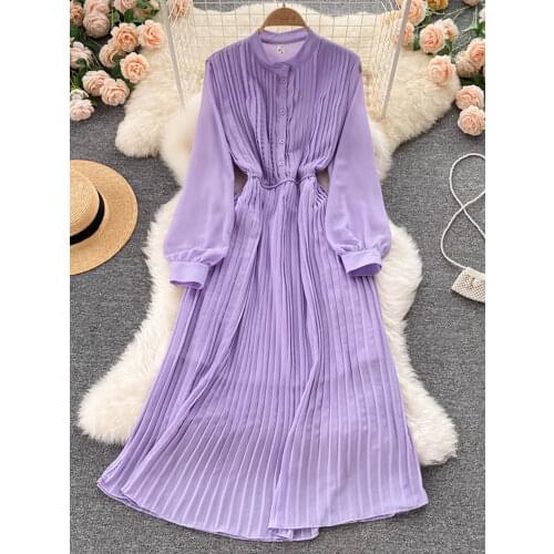 Autumn Purple/Red/Yellow Pleated Dress Women Vintage Stand Collar Puff Sleeve High Waist Draped Vestidos Female Midi Robe 2021