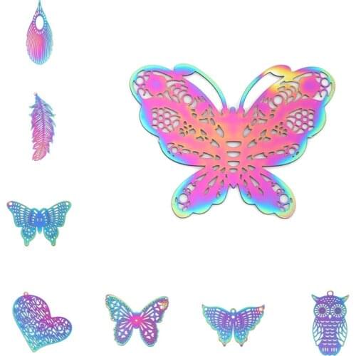 10 PCs Stainless Steel Filigree Stamping Pendants For Jewelry Making Feather Purple & Blue Hollow Heart Butterfly 47mm x 17mm