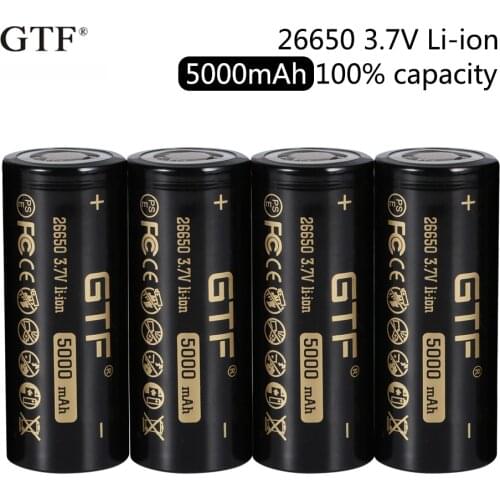 2020 New GTF 26650 5000mAh 100% capacity 3.7V Li-Ion Rechargeable Battery for Flashlight flat head batteries