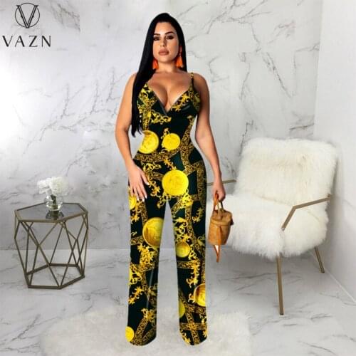 VAZN 2021 INS High-end Spaghetti Strap Sleeveless Jumpsuits Fancy Backless Joker Women Slim Long Wide Leg Jumpsuits