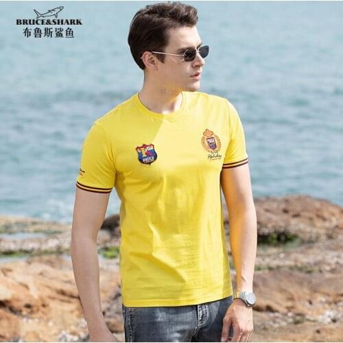 2021 Mercerized Cotton Men T-Shirt Round Tops Male Tees Fashion Bruce&Shark nice embroidery Summer men polo shirt cotton 4XL