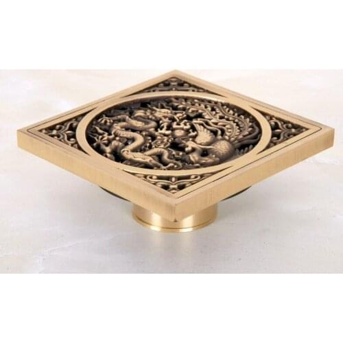 Antique Brass Vintage Carved Flower Pattern Bathroom Shower Drain 4" Square Floor Drain Waste Grates Bathroom Accessory mhr043