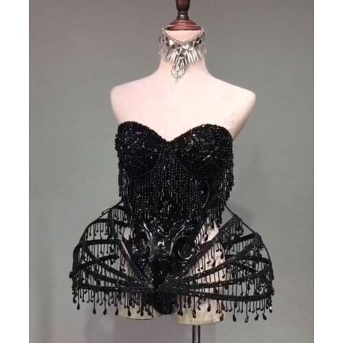 Black Sexy Crystal beads Bodysuit Dress Stage Performance Bling Dresses Dance Wear Nightclub Shining Costume Outfit